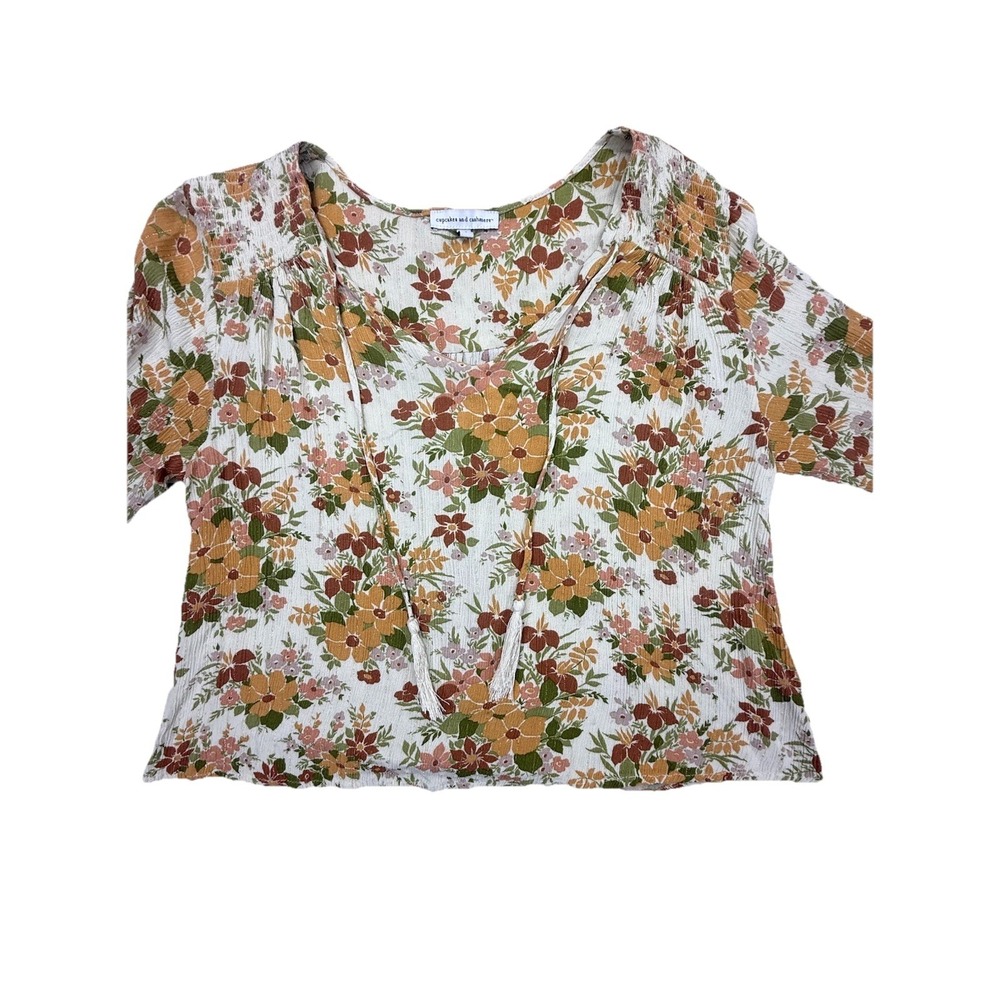 Cupcake And Cashmere Top Women's Small Floral Peasant Blouse Tassel Metallic Top